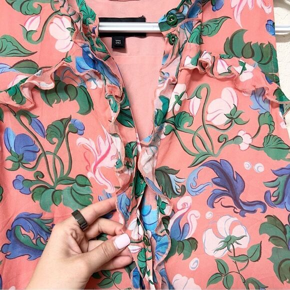 Saloni Tilly 100% Silk Pink Floral Button Up Ruffle Dress Size 2 Sleeveless - Picture 3 of 8